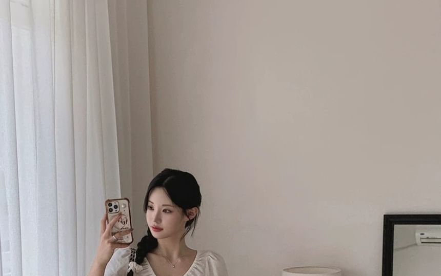 Pintuck Button-Up Blouse with Scoop Neck