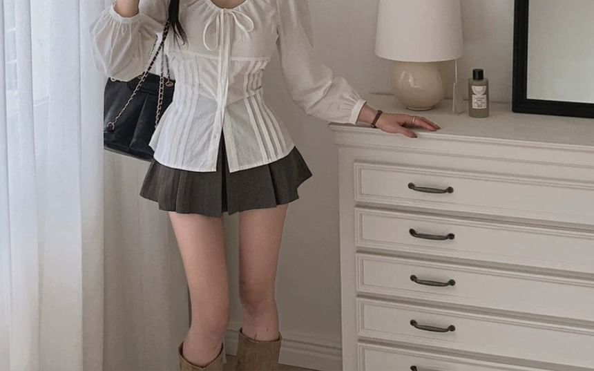 Pintuck Button-Up Blouse with Scoop Neck