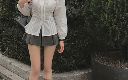 Pintuck Button-Up Blouse with Scoop Neck