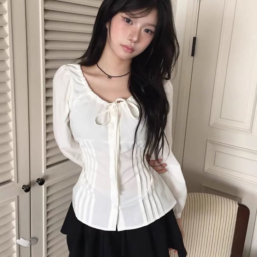 Pintuck Button-Up Blouse with Scoop Neck