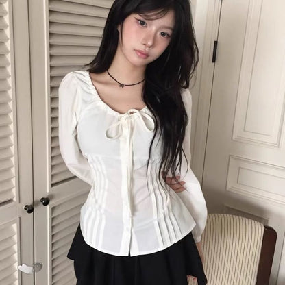Pintuck Button-Up Blouse with Scoop Neck