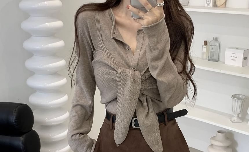 Button-Up Cardigan and Tie Front Camisole Set
