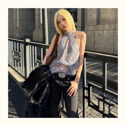 Halter Neck Lace Panel Sleeveless Top