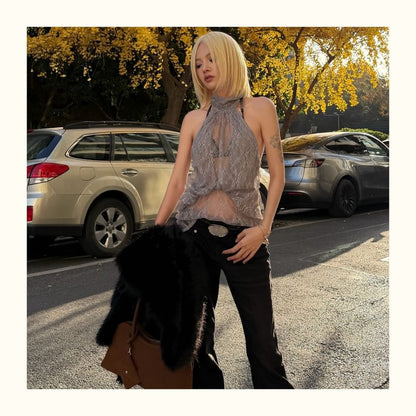 Halter Neck Lace Panel Sleeveless Top