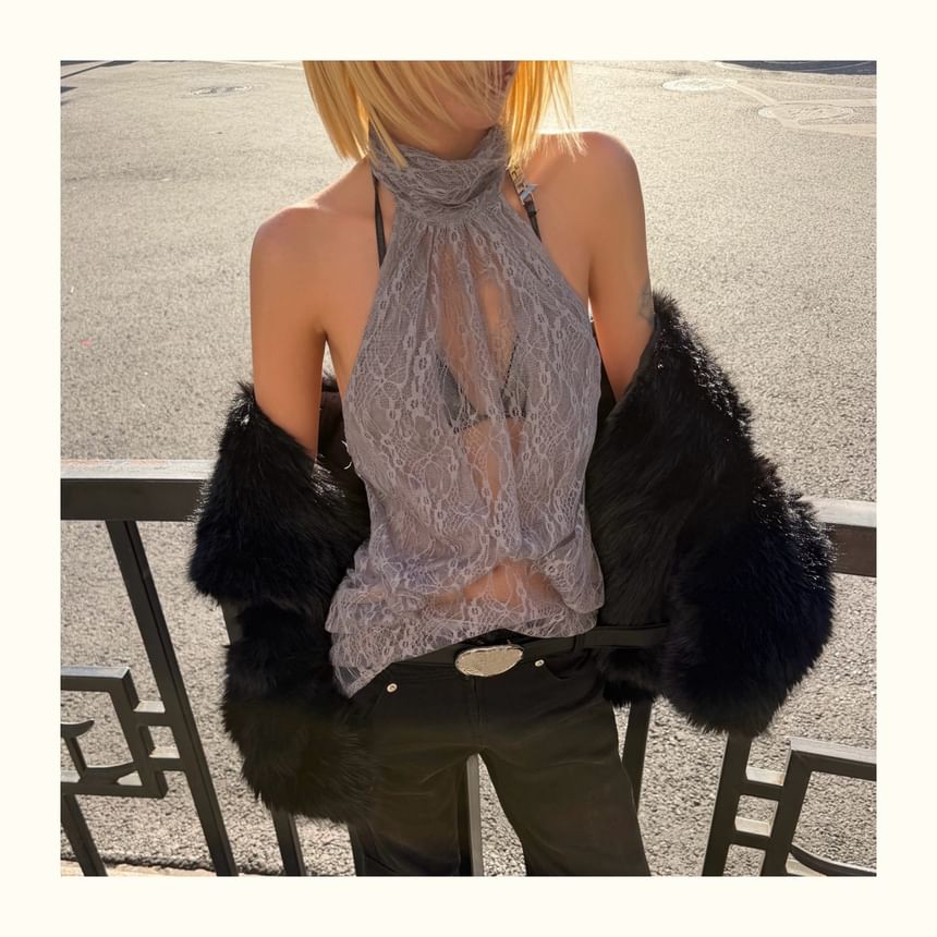 Halter Neck Lace Panel Sleeveless Top