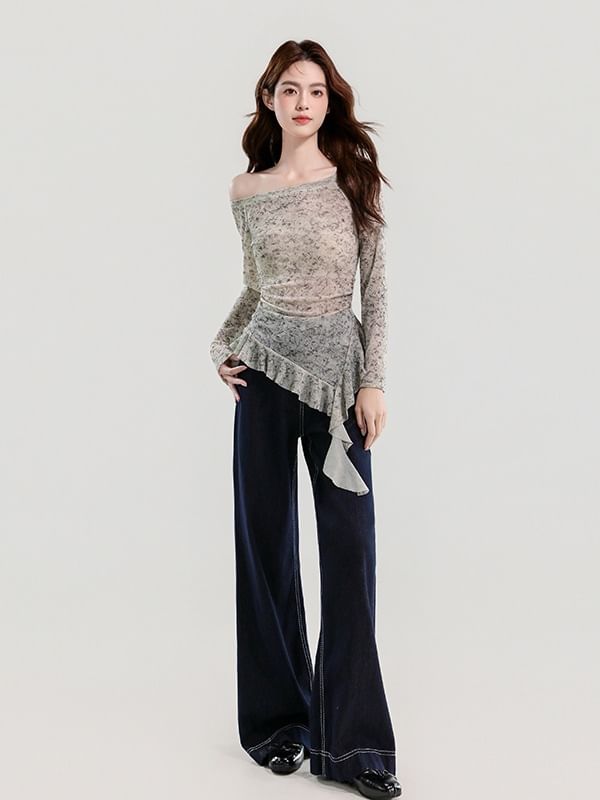 Sheer Ruffle Off-Shoulder Top