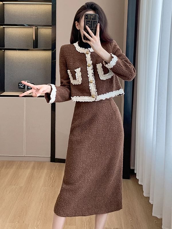Round Neck Lace Trim Button Up Jacket and High Waist Midi A-Line Skirt Set