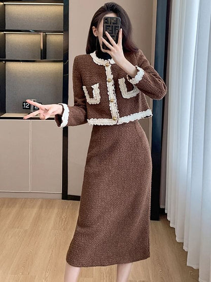 Round Neck Lace Trim Button Up Jacket and High Waist Midi A-Line Skirt Set