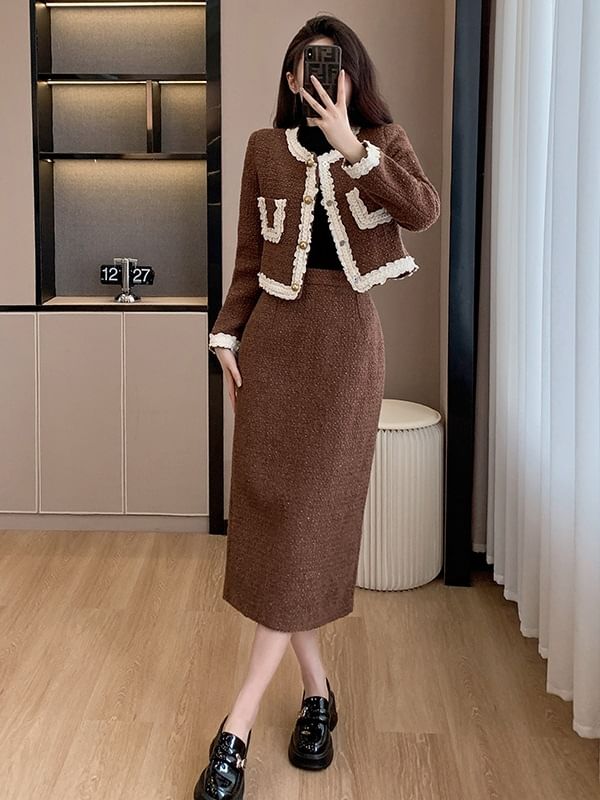 Round Neck Lace Trim Button Up Jacket and High Waist Midi A-Line Skirt Set