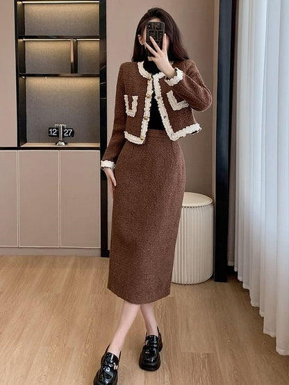 Round Neck Lace Trim Button Up Jacket and High Waist Midi A-Line Skirt Set