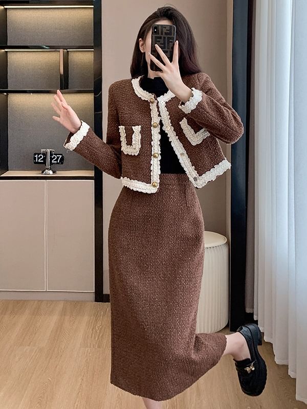 Round Neck Lace Trim Button Up Jacket and High Waist Midi A-Line Skirt Set