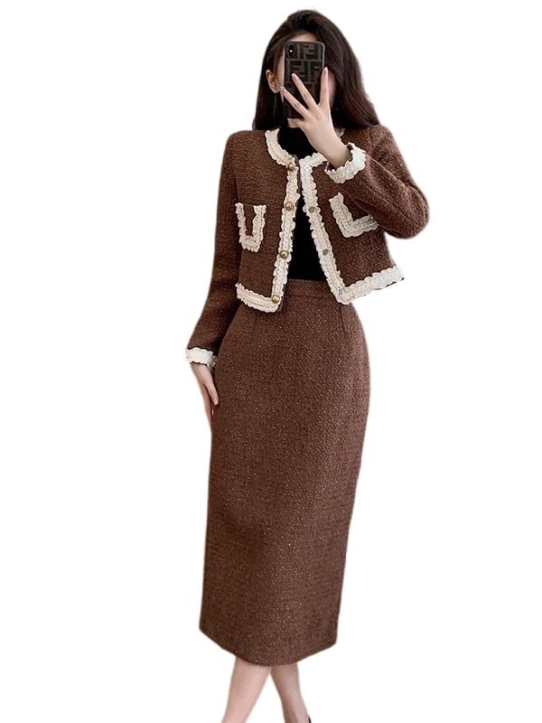Round Neck Lace Trim Button Up Jacket and High Waist Midi A-Line Skirt Set