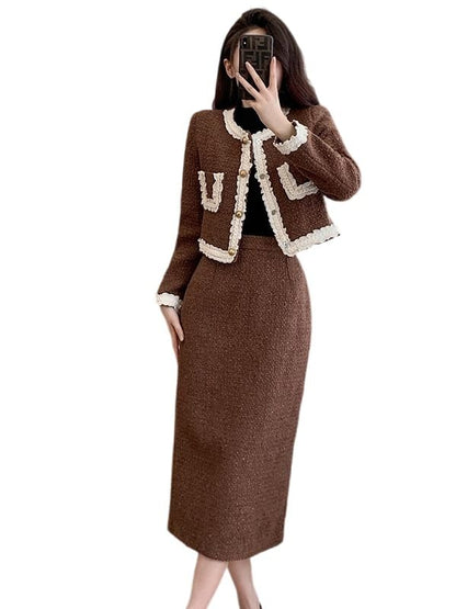 Round Neck Lace Trim Button Up Jacket and High Waist Midi A-Line Skirt Set