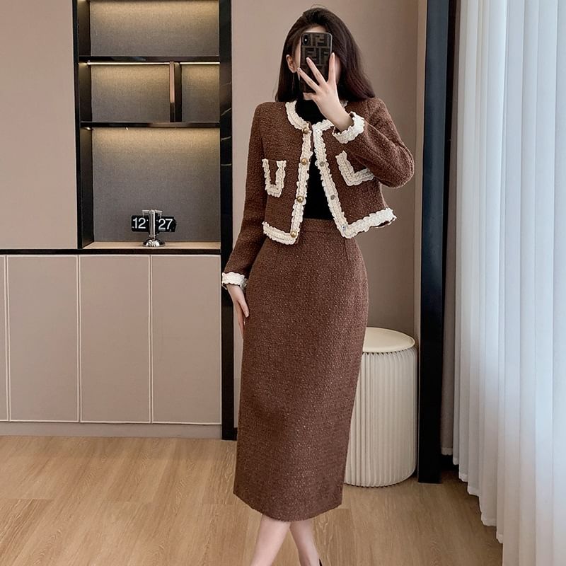 Round Neck Lace Trim Button Up Jacket and High Waist Midi A-Line Skirt Set