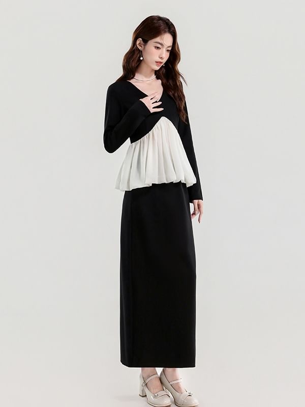 Two-Tone V-Neck Long-Sleeve Top & High-Rise Plain Pencil Skirt Set