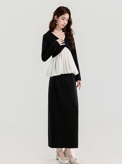 Two-Tone V-Neck Long-Sleeve Top & High-Rise Plain Pencil Skirt Set