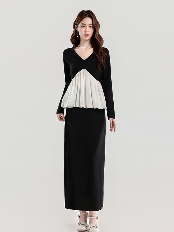 Two-Tone V-Neck Long-Sleeve Top & High-Rise Plain Pencil Skirt Set