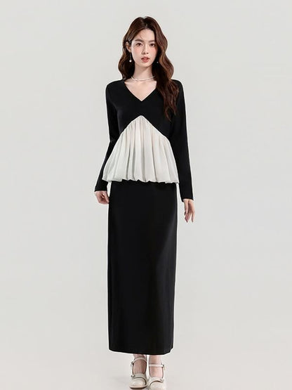 Two-Tone V-Neck Long-Sleeve Top & High-Rise Plain Pencil Skirt Set
