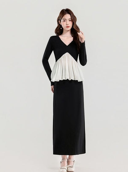 Two-Tone V-Neck Long-Sleeve Top & High-Rise Plain Pencil Skirt Set