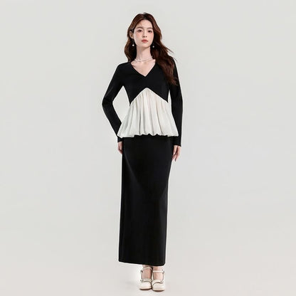 Two-Tone V-Neck Long-Sleeve Top & High-Rise Plain Pencil Skirt Set