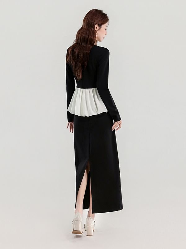 Two-Tone V-Neck Long-Sleeve Top & High-Rise Plain Pencil Skirt Set