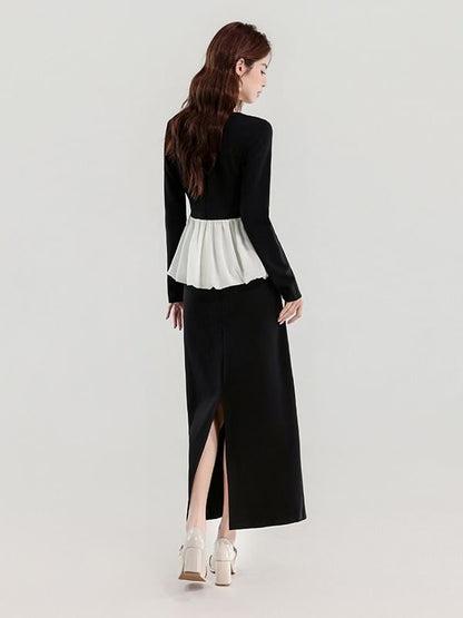 Two-Tone V-Neck Long-Sleeve Top & High-Rise Plain Pencil Skirt Set