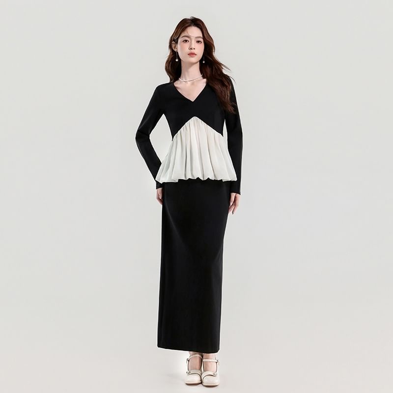 Two-Tone V-Neck Long-Sleeve Top & High-Rise Plain Pencil Skirt Set