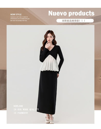 Two-Tone V-Neck Long-Sleeve Top & High-Rise Plain Pencil Skirt Set