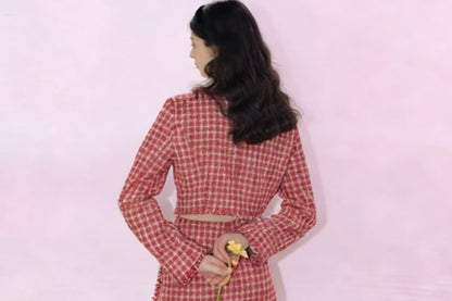 Plaid Fringed Trim Cropped Jacket with High-Rise Mini Pencil Skirt