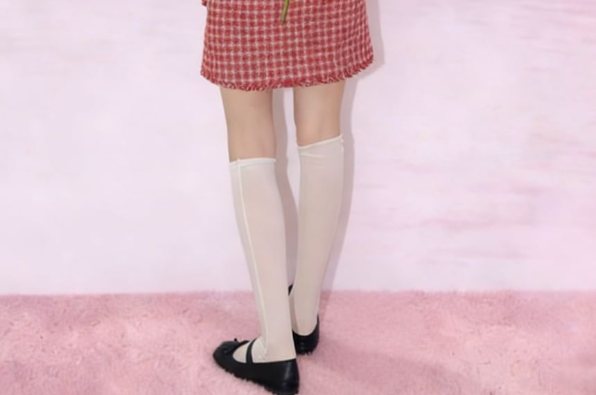 Plaid Fringed Trim Cropped Jacket with High-Rise Mini Pencil Skirt
