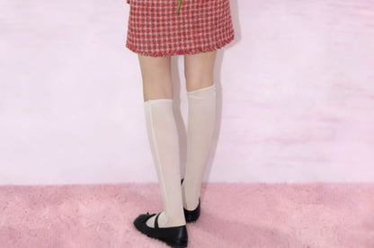 Plaid Fringed Trim Cropped Jacket with High-Rise Mini Pencil Skirt