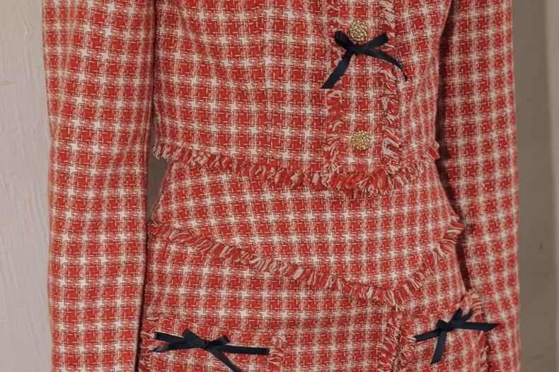 Plaid Fringed Trim Cropped Jacket with High-Rise Mini Pencil Skirt