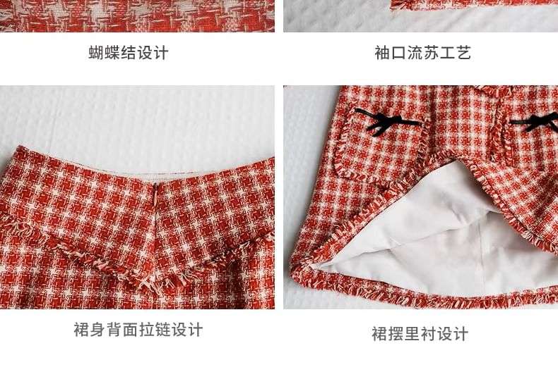 Plaid Fringed Trim Cropped Jacket with High-Rise Mini Pencil Skirt
