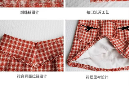 Plaid Fringed Trim Cropped Jacket with High-Rise Mini Pencil Skirt
