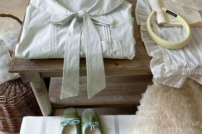 Pintuck Blouse with Tie Neck and Long Sleeves in Solid Hue