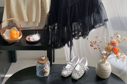 Dotted Tiered Asymmetrical Mesh A-Line Skirt High Waist