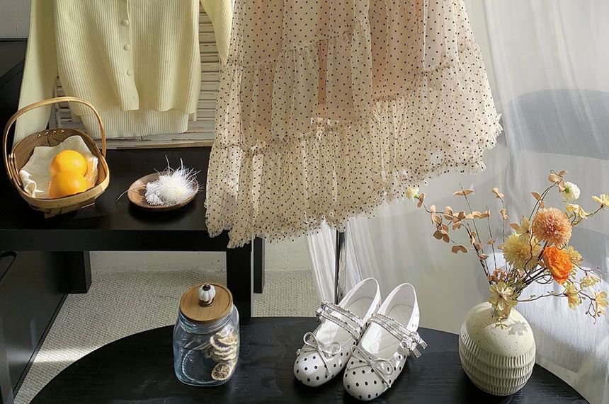 Dotted Tiered Asymmetrical Mesh A-Line Skirt High Waist