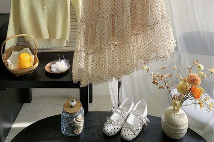 Dotted Tiered Asymmetrical Mesh A-Line Skirt High Waist