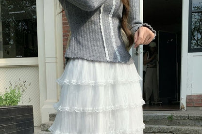 High Waist Plain Lace Trim Maxi A-Line Skirt