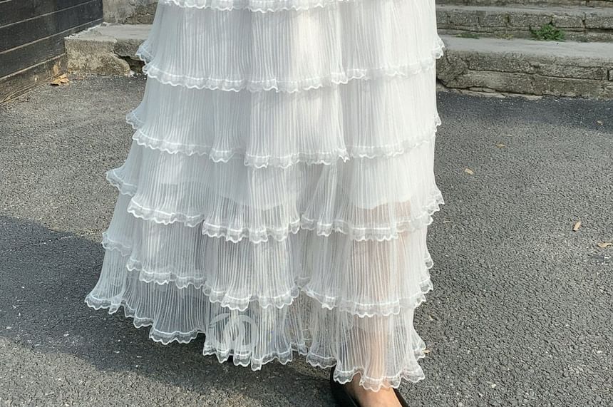 High Waist Plain Lace Trim Maxi A-Line Skirt