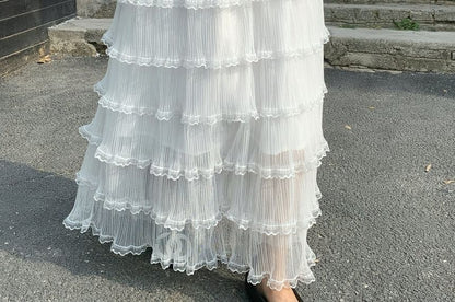 High Waist Plain Lace Trim Maxi A-Line Skirt