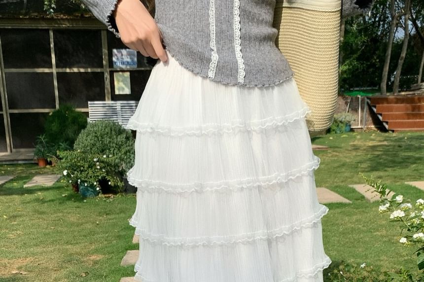 High Waist Plain Lace Trim Maxi A-Line Skirt