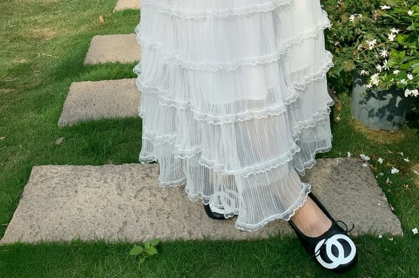 High Waist Plain Lace Trim Maxi A-Line Skirt