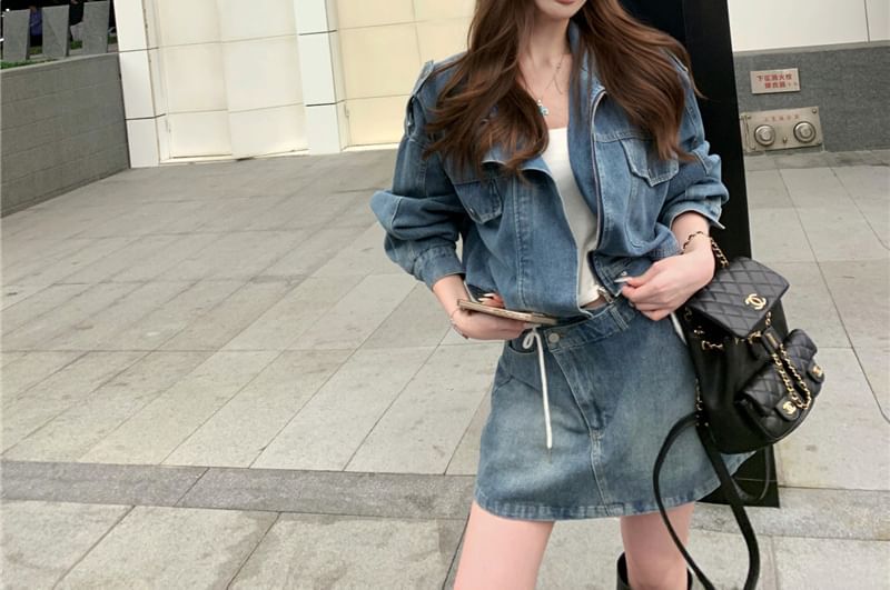 Washed Denim Zip Jacket & Asymmetrical Mini Skirt Set