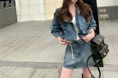 Washed Denim Zip Jacket & Asymmetrical Mini Skirt Set