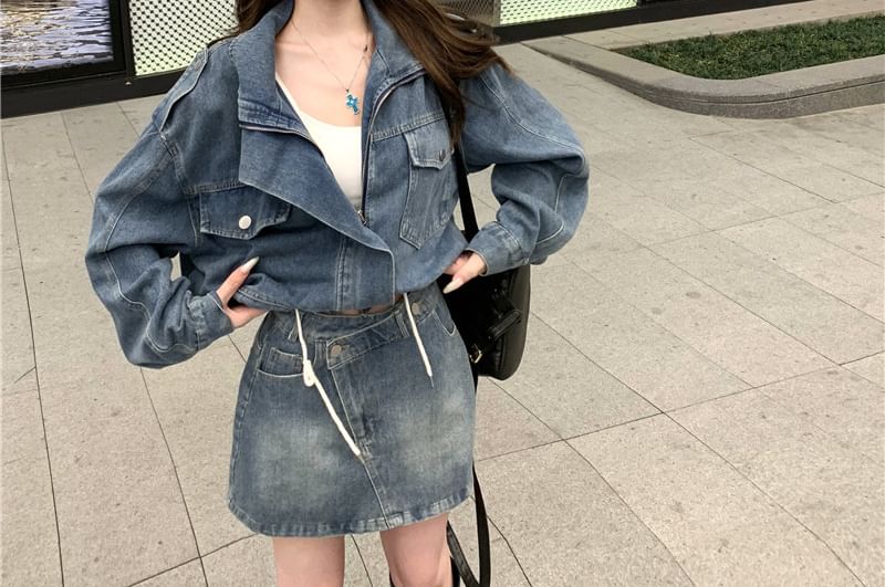 Washed Denim Zip Jacket & Asymmetrical Mini Skirt Set