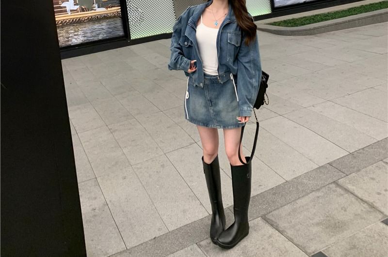 Washed Denim Zip Jacket & Asymmetrical Mini Skirt Set