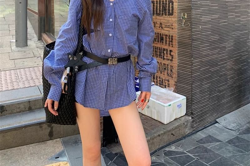 Plaid Cold-Shoulder Button Shirt with Long Sleeves