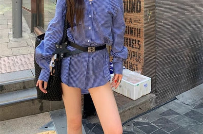 Plaid Cold-Shoulder Button Shirt with Long Sleeves