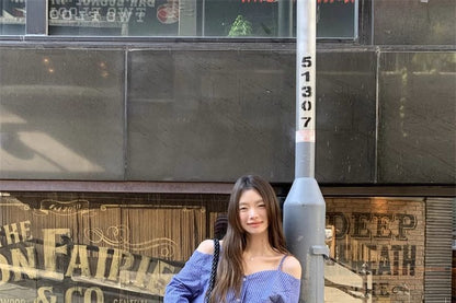 Plaid Cold-Shoulder Button Shirt with Long Sleeves